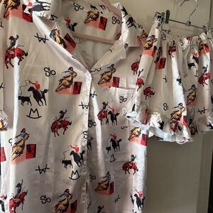 Cowboy Print Satin Pajama Set in Cream, Red & Black